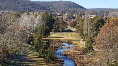 View of Queanbeyan River and escarpment from walkway